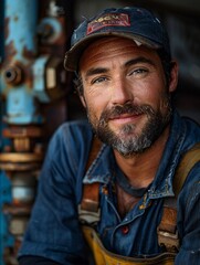 A man in a yellow hard hat and blue shirt is standing in front of a pipe