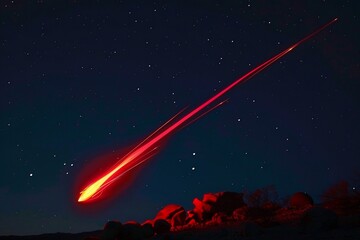 A fiery meteor hurtles towards Earth, its fiery glow visible as it streaks through the atmosphere, creating a breathtaking sight
