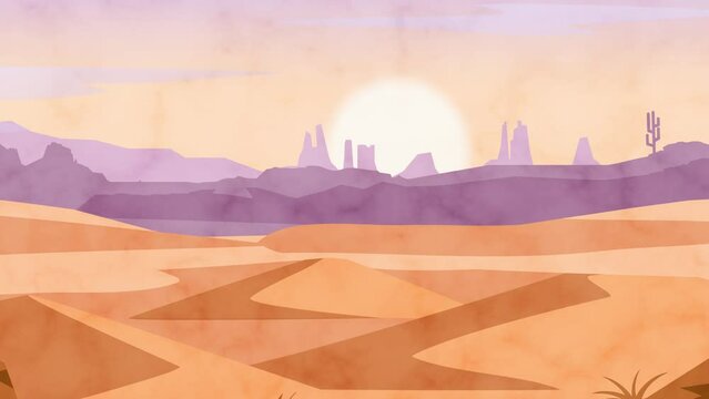 In the Sahara Desert, the sun rises and the wind carries sand and dust among the barchans. 2d animation in cartoon style