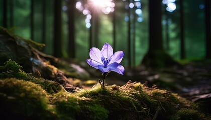 Scene of a dark forest, a bright lilac crystal flower, the flower should be small and centered with...