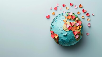 A globe adorned with heartshaped pins marks countries far and wide, representing mothers being celebrated across continents, paper art style concept