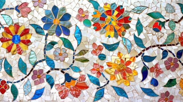 Abstract floral background with ancient mosaic motifs, antique glass mozaic style, ornament with colorful flowers and leaves, classic botanical motifs, AI generated
