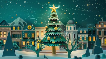 A majestic Christmas tree stands at the town square, its branches adorned with sparkling ornaments and a golden star, radiating festive cheer, paper art style concept
