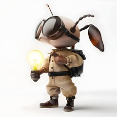 Adorable Insect Technician Installing Miniature Light Bulb in 3D Render - 798604722