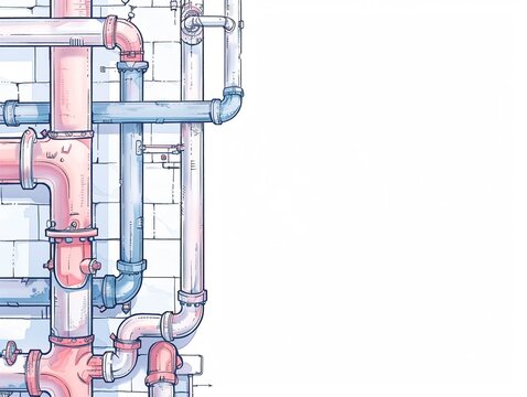 A vertical background of pipes and pipe connections, isolated on white, creating an abstract representation of communication networks