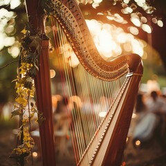 Classical harp at an outdoor music festival, natural setting with trees and soft lighting, ethereal and inviting atmosphere.