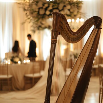 Classical harpist performing at a wedding ceremony, elegant attire, soft floral decor in the background, serene ambiance.