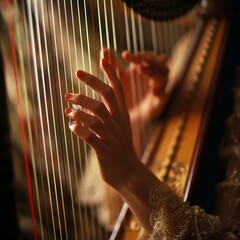 Close-up of hands gracefully playing a classical harp, focus on the movement of fingers and strings, artistic blur.
