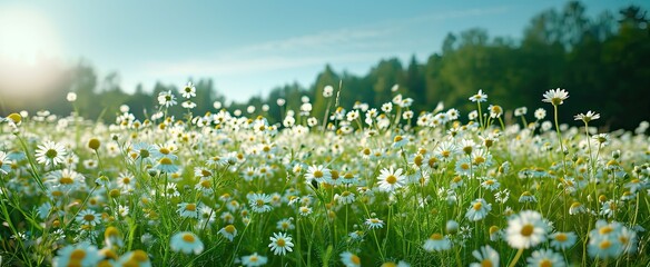 Fototapeta premium Panoramic floral background, web banner with chamomile flowers field, panoramic view on wildflowers spring meadow in sunrise, natural view, AI generated image