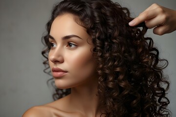 Woman applying natural oil on the tips of her curly hair, close up. Oil hair treatment for woman.
