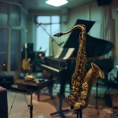Saxophone resting on a stand in a music studio filled with other jazz instruments, artistic composition with soft lighting.