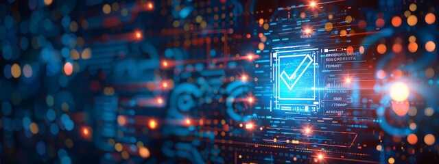 Futuristic technology concept. Technological interface with checked items in checklist. On dark background.