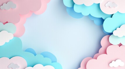 Serene Skies - The soft pastel colors create a gentle backdrop, with playful clouds in pink, blue, and white hues evoking a whimsical daydream.