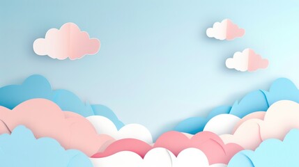 Serene Skies - The soft pastel colors create a gentle backdrop, with playful clouds in pink, blue, and white hues evoking a whimsical daydream.