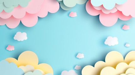 Serene Skies - The soft pastel colors create a gentle backdrop, with playful clouds in pink, blue, and white hues evoking a whimsical daydream.