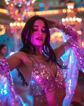 Captivating young woman dancing with illuminated sequin attire, creating a vibrant, celebratory mood