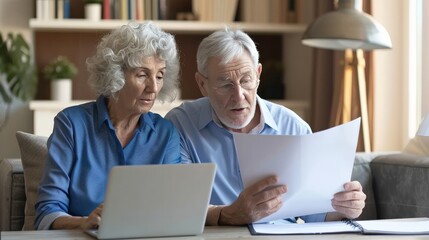 An elderly couple reviewing their retirement funds with financial documents and a laptop