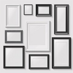 A collection of realistic photo frames in various orientations including square, portrait, and landscape, designed as a mockup with shadows for a versatile display. - obrazy, fototapety, plakaty