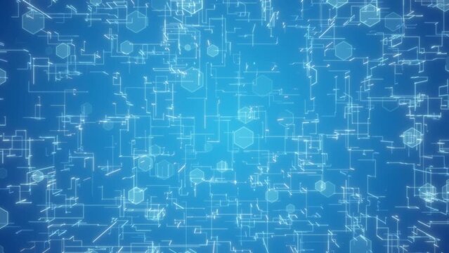 SF風のシャープなデザインのラインと六角形がアニメーションする青い背景
Blue background with sharply designed lines and animated hexagons in a sci-fi style