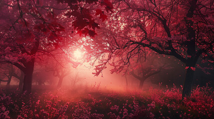 Obraz premium A beautiful landscape with a large tree in the foreground. The sky is blue and the sun is setting 