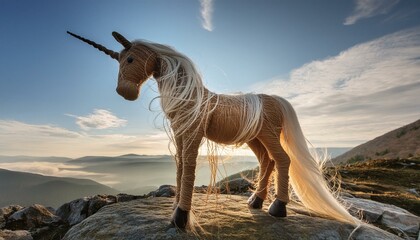 A detailed unicorn sculpture crafted by twisting and knotting fibers to mimic the creature's unique shape