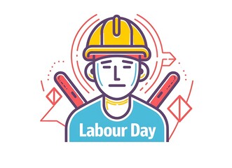  The image depicts a cartoon of a man in a yellow hard hat, symbolizing labor with the words LABOUR DAY written around him.