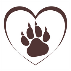 Isolated illustration of dog footprint in heart on white background, love for pets. 