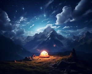 Camping in the mountains at night with beautiful views. Used for making wallpaper, posters, cards, brochures.
