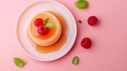 Sweet flan cake dessert with raspberry fruit decoration on white plate isolated pink - Powered by Adobe