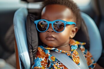 A cute baby in sunglasses and a colorful shirt sits in a child seat, ready to travel in the car.