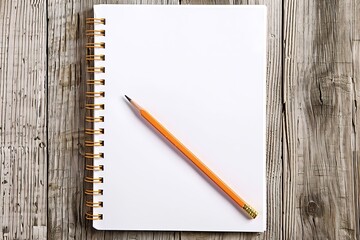 A white notebook with a pencil resting on a wooden table.