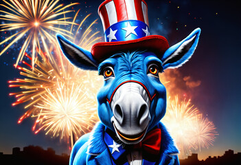 Blue donkey wearing a top uncle Sam hat. Generative AI