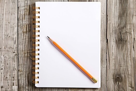A white notebook with a pencil resting on a wooden table.