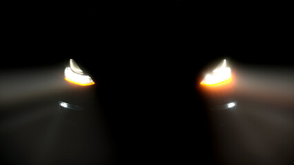 Car flasher with flashing indicator. Close-up of the turned on LED lights of an anonymous prestigious modern luxury car. - obrazy, fototapety, plakaty