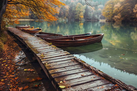 A wooden dock extending out into a tranquil lake, with rowboats and canoes moored along its weathered planks.
