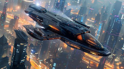 Design an eye-level view of a futuristic spaceship soaring above a bustling city skyline
