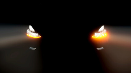 Car flasher with flashing indicator. Close-up of the turned on LED lights of an anonymous prestigious modern luxury car.