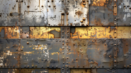 Close-up of weathered rusty metal wall with peeling paint