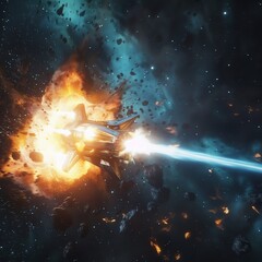 Dramatic scene of an orbital cannon firing during a critical moment in a space opera film, intense light and energy effects