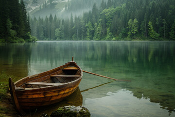 A wooden rowboat moored at the edge of a tranquil lake, its oars resting on the shore.