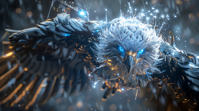 Digital art Majestic bald eagle soaring attact on blue background. Futuristic technology