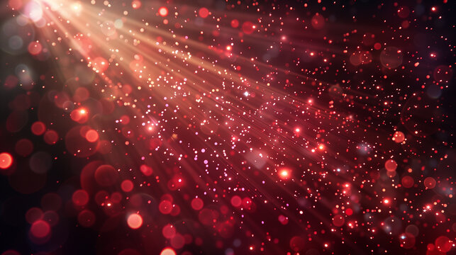 Red Gold particles fly. Glittering light ray beam background.