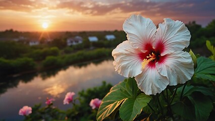 flower on the lake Sunset Serenity: Blooming White Hibiscus Garden