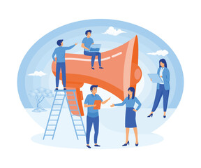 Big megaphone with a small people, teamwork. Business promotion, attention, advertising, online alerting. flat vector modern illustration