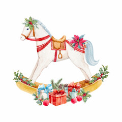 Beautiful watercolor hand drawn illustration with cute rocking horse toy Christmas gift. Children toy horse clip art. Happy new year.