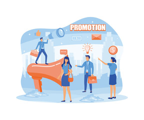 Advertising, marketing, promotion concept. Loudspeaker speaks to the crowd. Promoters speak in big megaphones and business people listen to announcements carefully. flat vector modern illustration