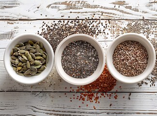  A photo of three bowls filled with different types of seeds, arranged on an old white wooden table.