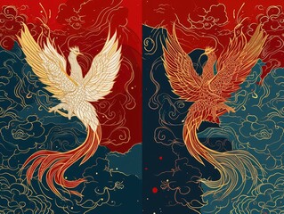 Fototapeta premium The picture of double phoenix that stay at opposite of each other on the red and blue side that the design of the phoenix come from east asian like chinese, korea or japan symbolize longevity. AIGX01.