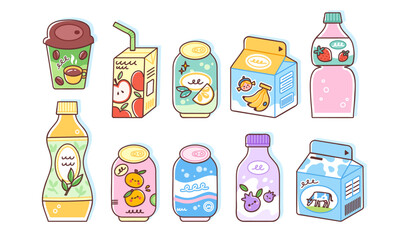 Soft drinks set. Vector illustration of tea and juice bottles, sweet soda cans, milk cartons. Cold beverages in cute flat style. Isolated elements on white background.