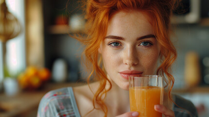 Athletic young red haired woman in the kitchen drinks a glass of fruit centrifuged juice.